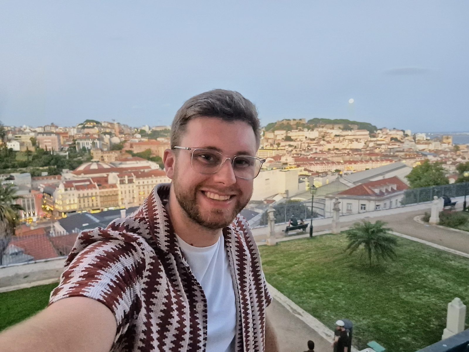 At a viewpoint over Lisbon at dusk