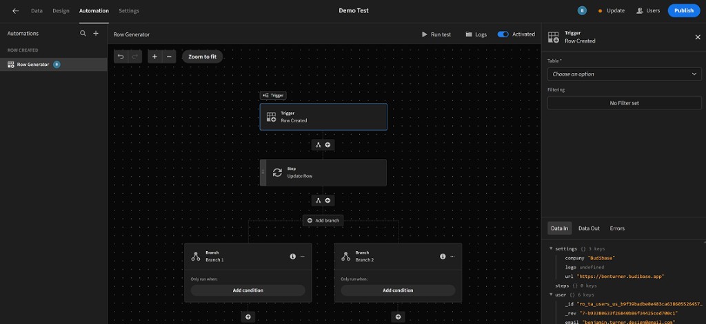 After: redesigned Budibase automation builder with data panels