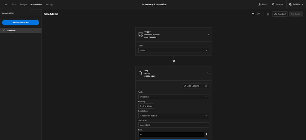Before: original Budibase automation builder