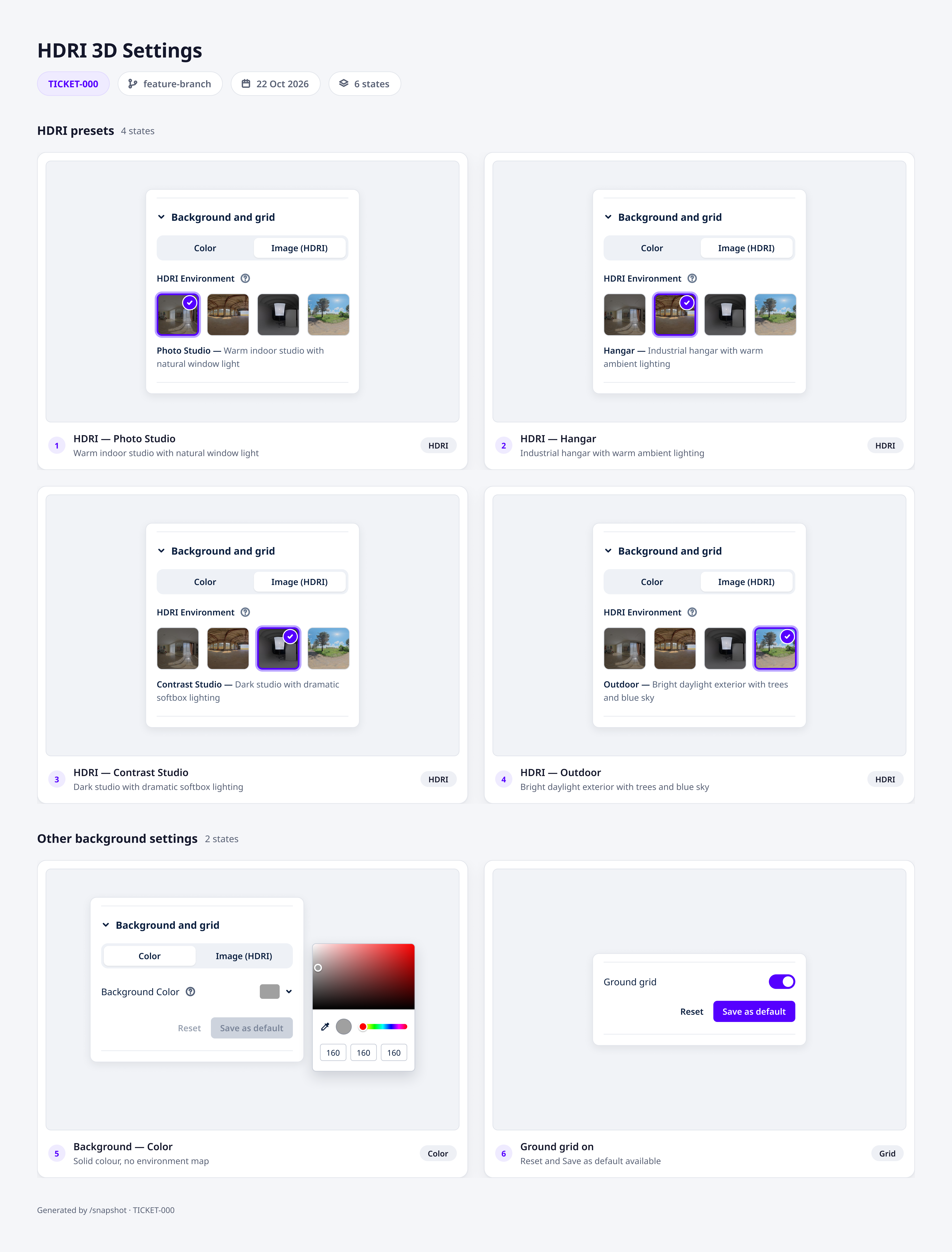 Generated snapshot handover showing six HDRI and background settings states