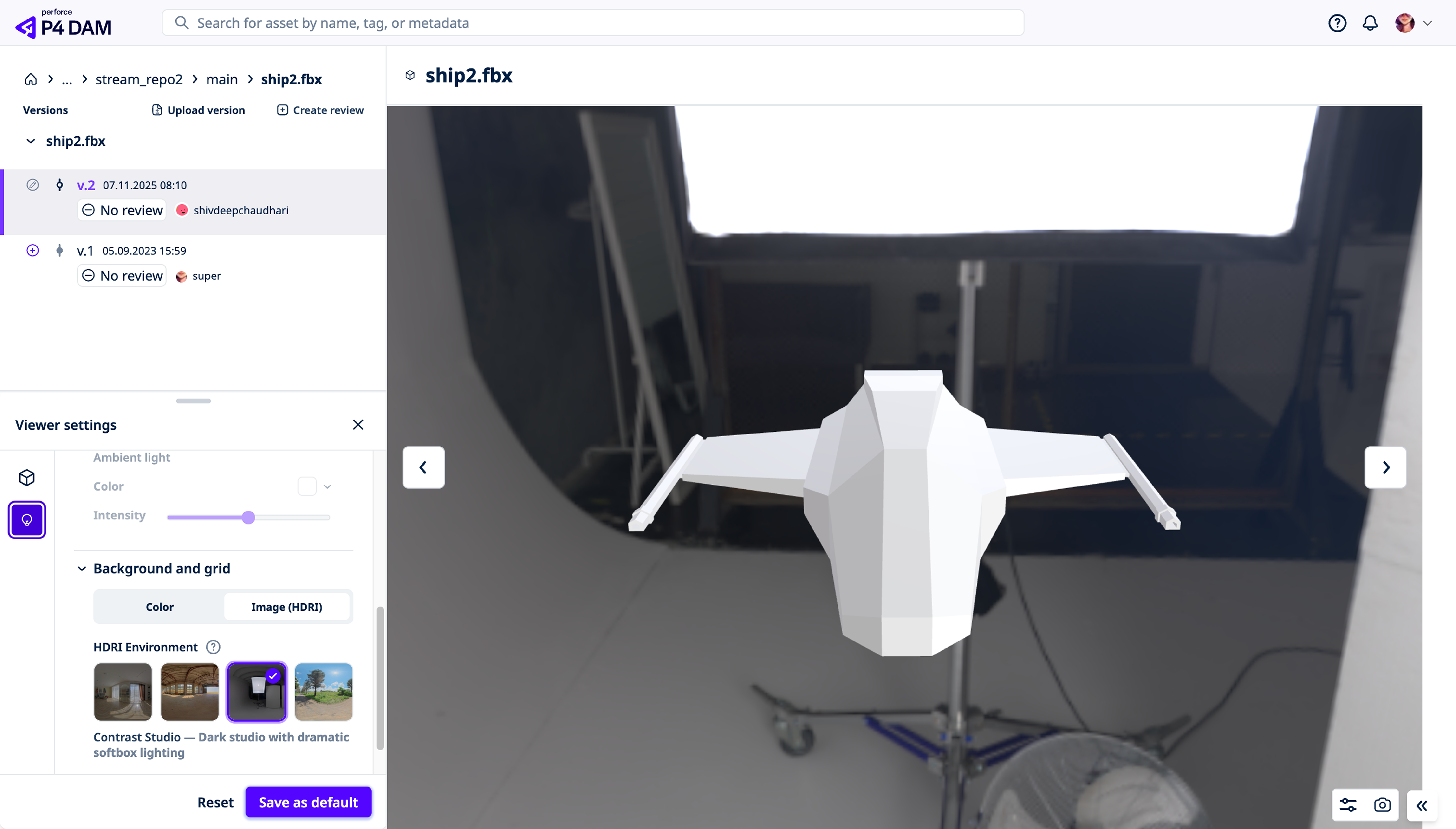 P4 DAM 3D viewer showing a spaceship under studio HDRI lighting with the Viewer Settings panel open