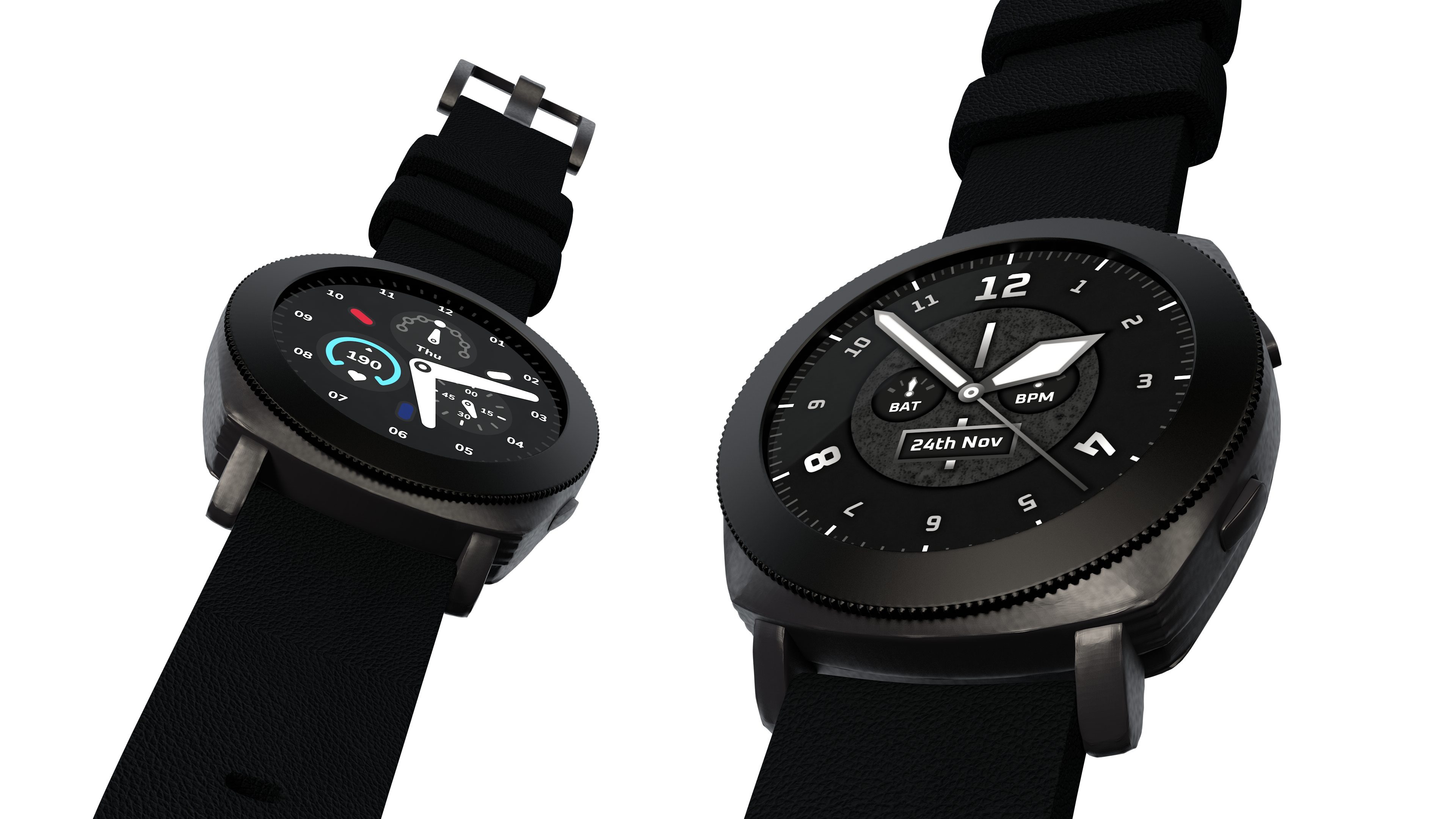 Low-angle 3D render of two Olympus watch faces